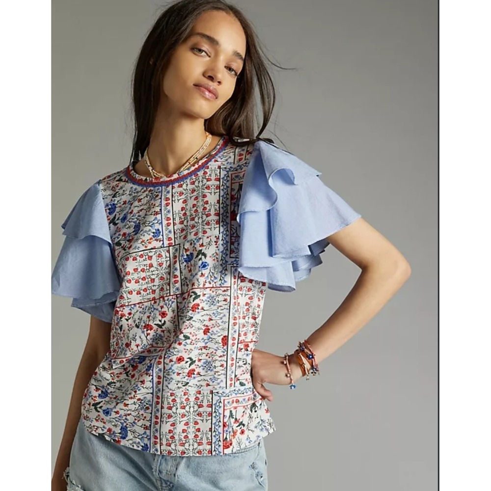 Letmebe Floral Patchwork Blouse Womens XL Multicolor Boho Ruffle Sleeve Cotton
